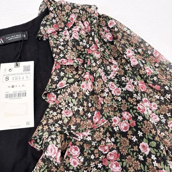 Zara Dress Size Small Multicolor Floral Ruffle Trim 3/4 Sleeves Flowy Shift NEW - Picture 3 of 11
